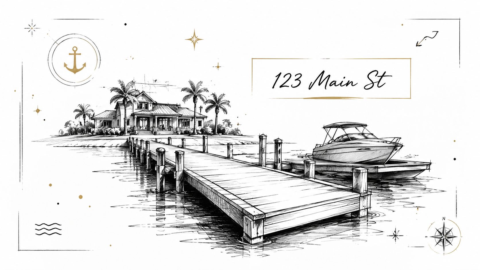 A pencil sketch of a luxury waterfront home with a private pier and a moored motorboat.