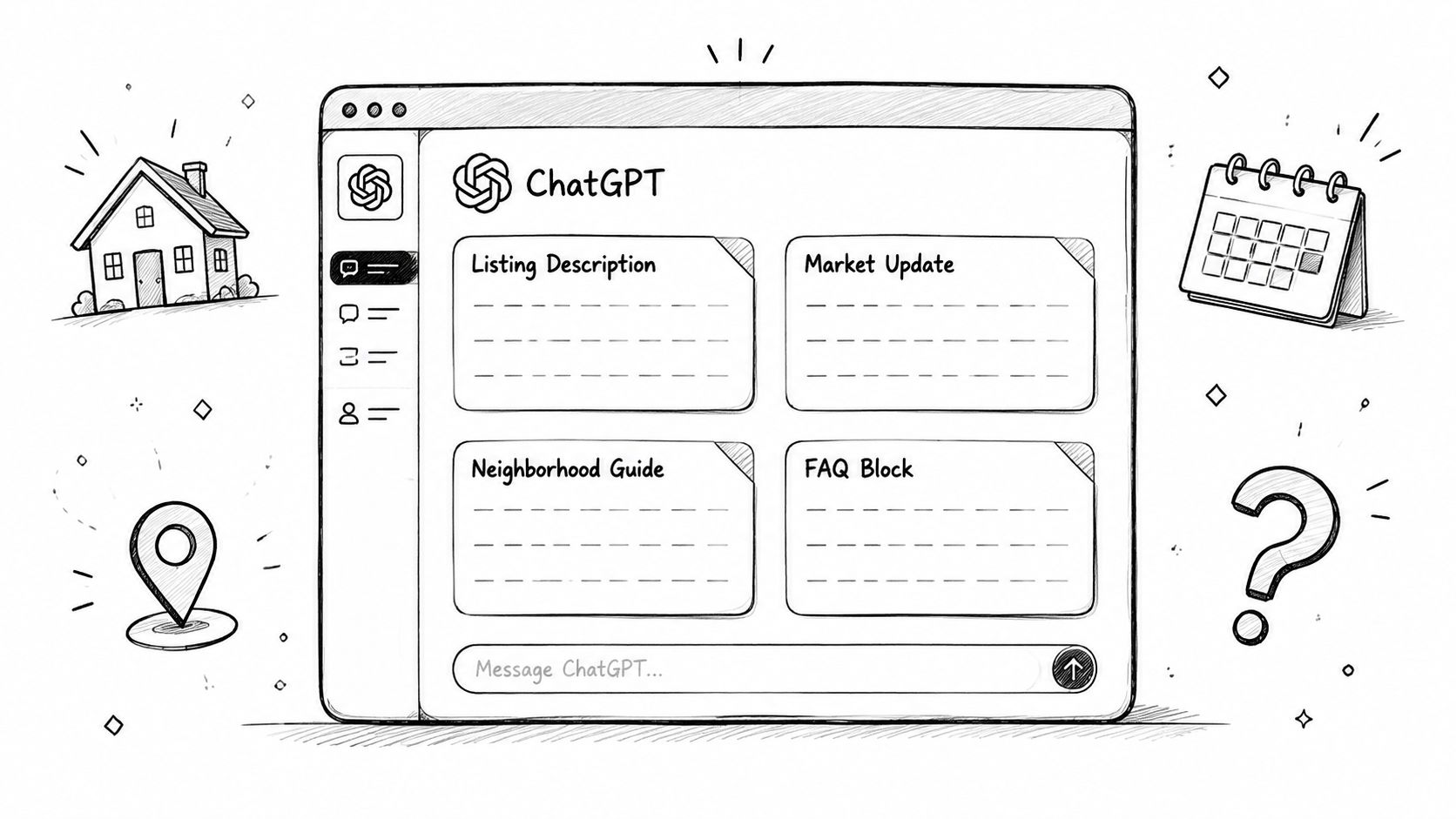 A hand-drawn sketch of the ChatGPT interface displaying real estate tools like listing descriptions and neighborhood guides.