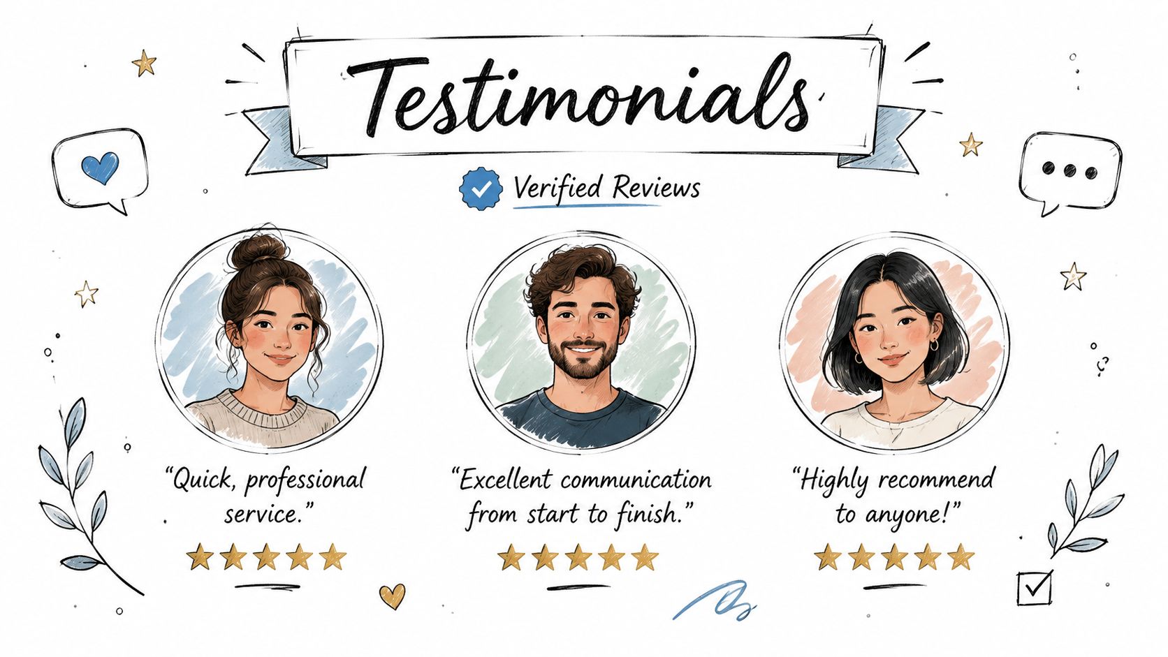 A digital testimonial section showing three customer profile avatars with positive written reviews and five star ratings.
