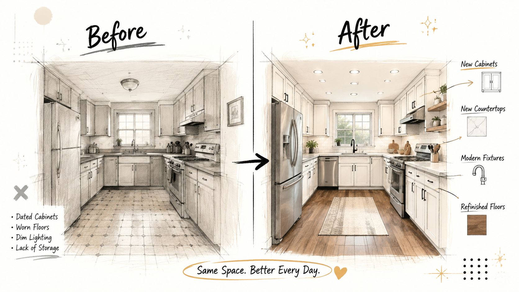 A split view comparison of a kitchen before and after a renovation, showcasing modern upgrades and improvements.