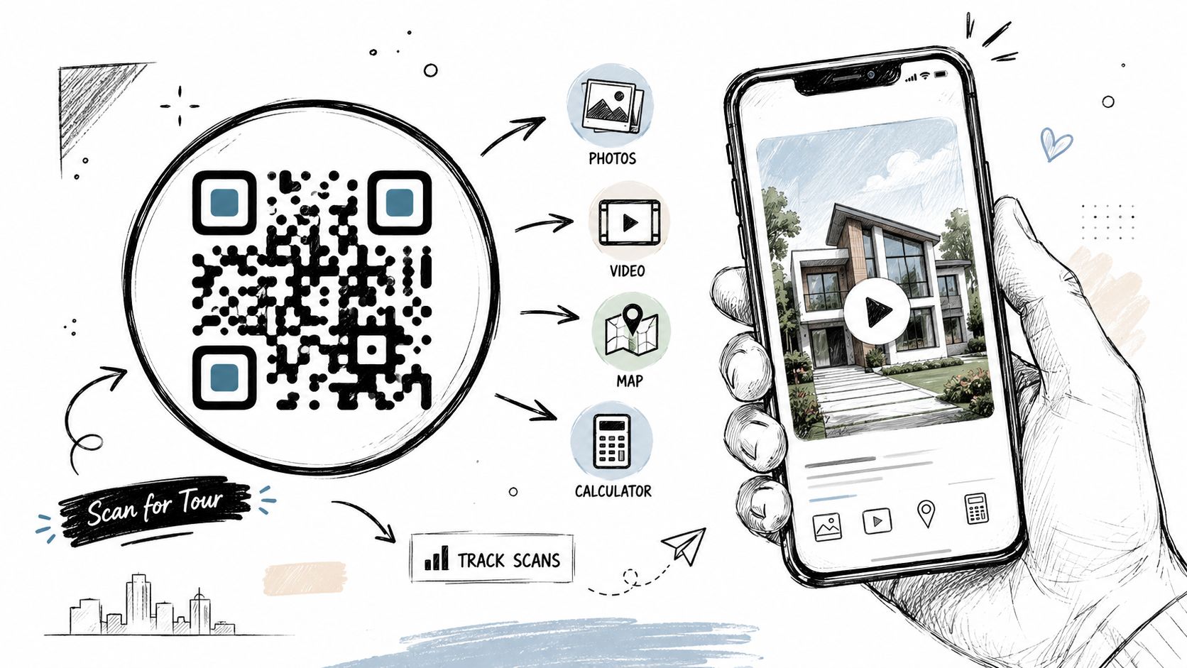 A hand holding a smartphone showing a real estate tour next to a QR code illustration.