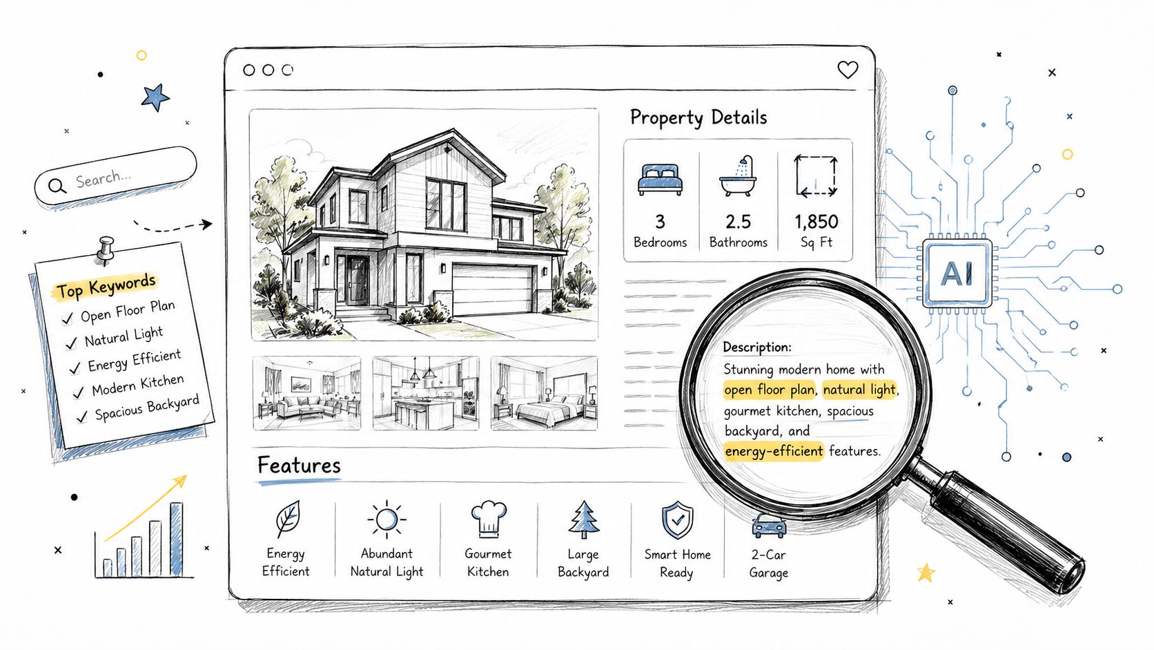 A digital illustration showing a real estate property listing being optimized with AI technology and keywords.