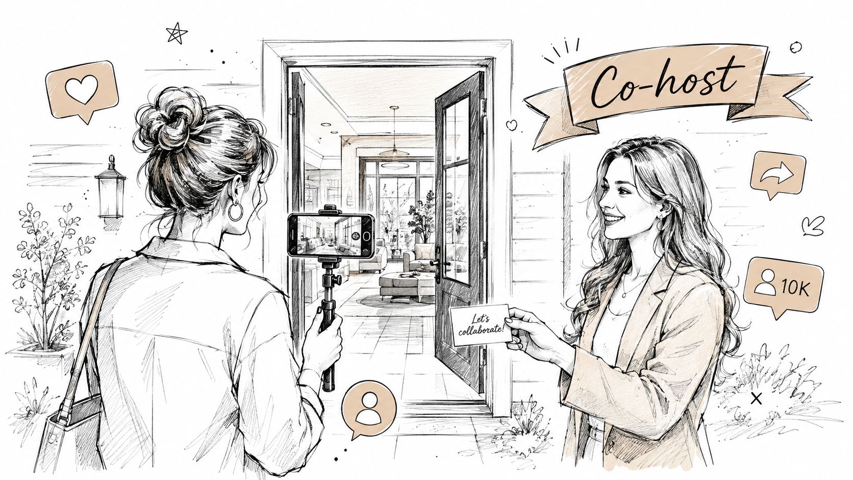 A woman recording a professional real estate collaboration video for an open house on a smartphone.