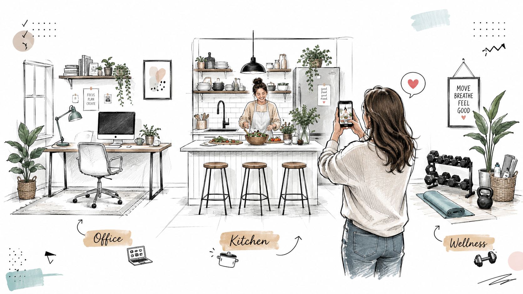A creative illustration depicting a modern home featuring an office, kitchen, and wellness area for balanced living.