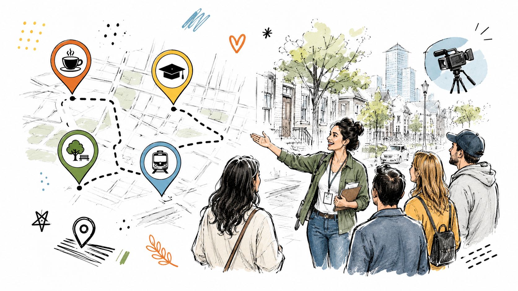 A friendly real estate agent giving a neighborhood tour to a group of potential home buyers.