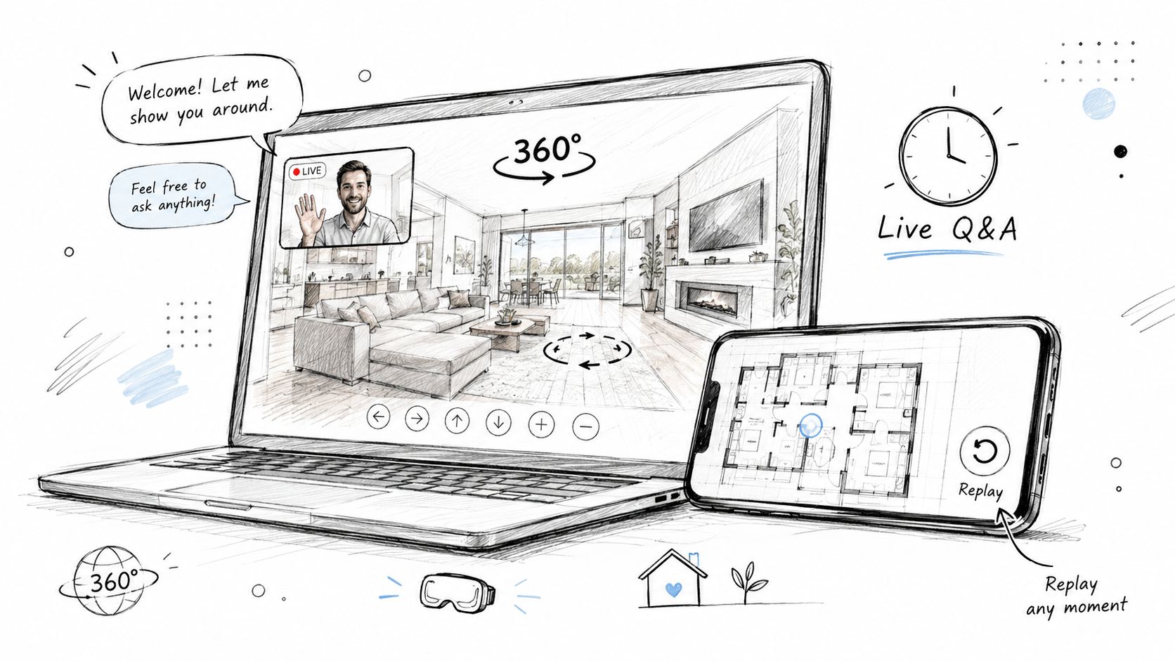 A digital illustration showing a laptop and smartphone displaying a 360-degree virtual real estate open house experience.