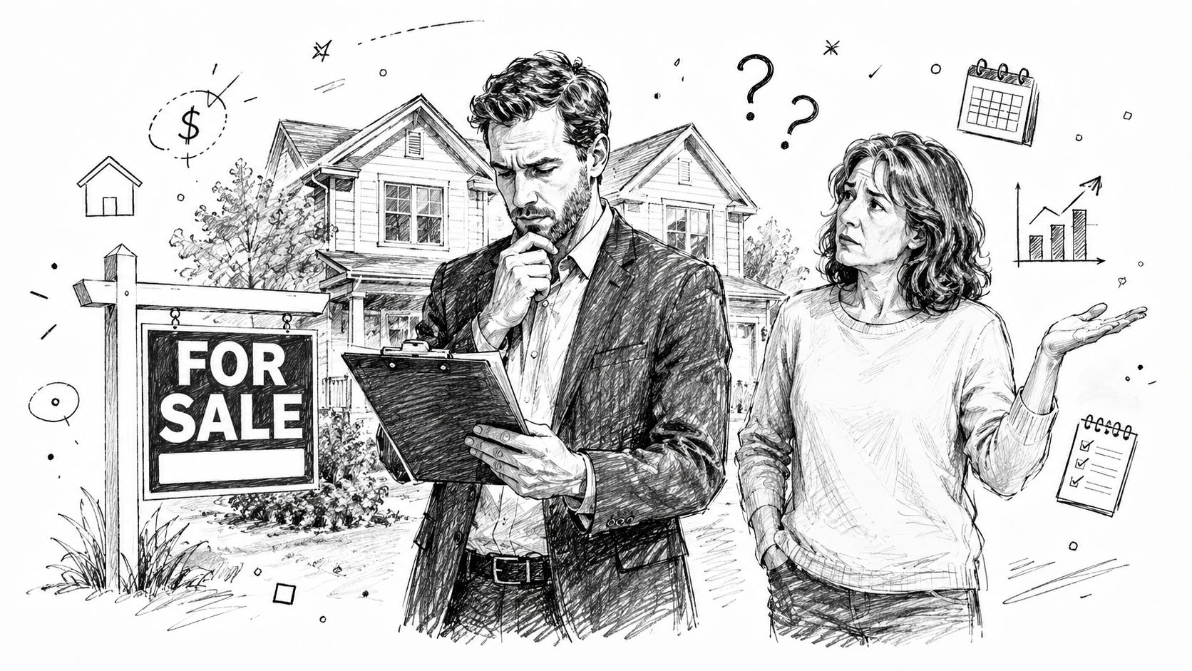 A real estate agent and a homeowner discussing house market trends and property listing details.