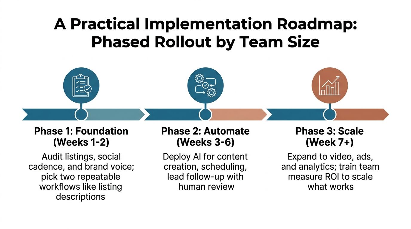 A roadmap graphic outlining a three-phase implementation strategy for AI-driven real estate marketing workflows.