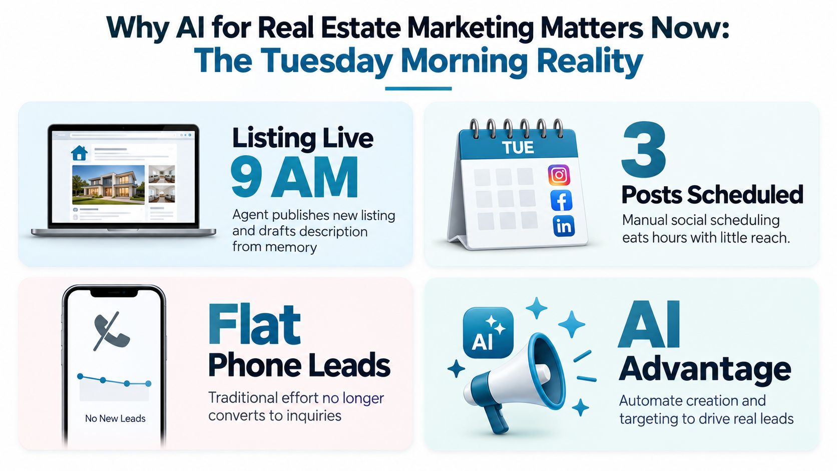 An infographic showing the benefits of using AI for real estate marketing to boost lead generation.