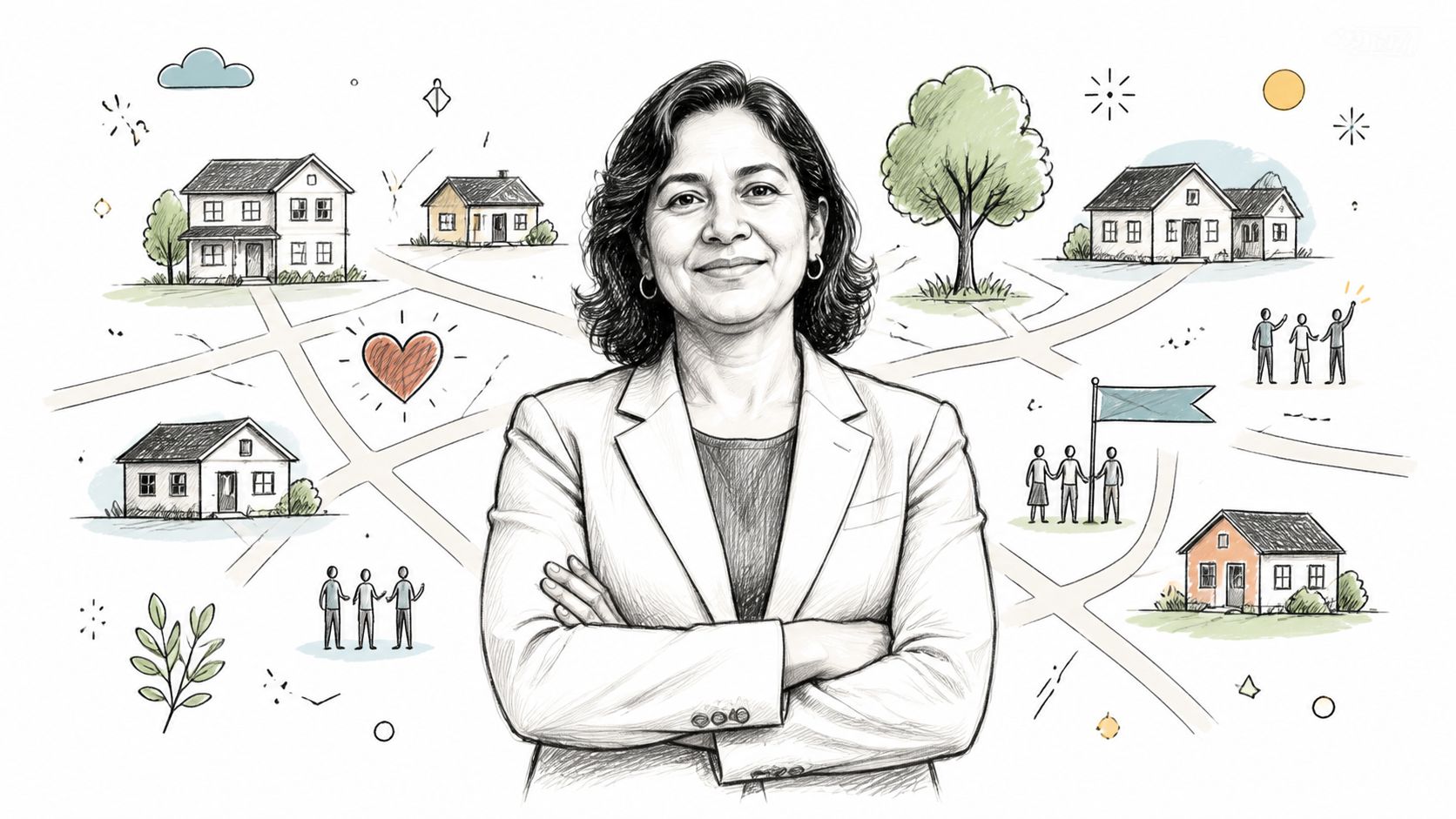 A professional woman in a blazer standing before a creative sketch of houses and community elements.