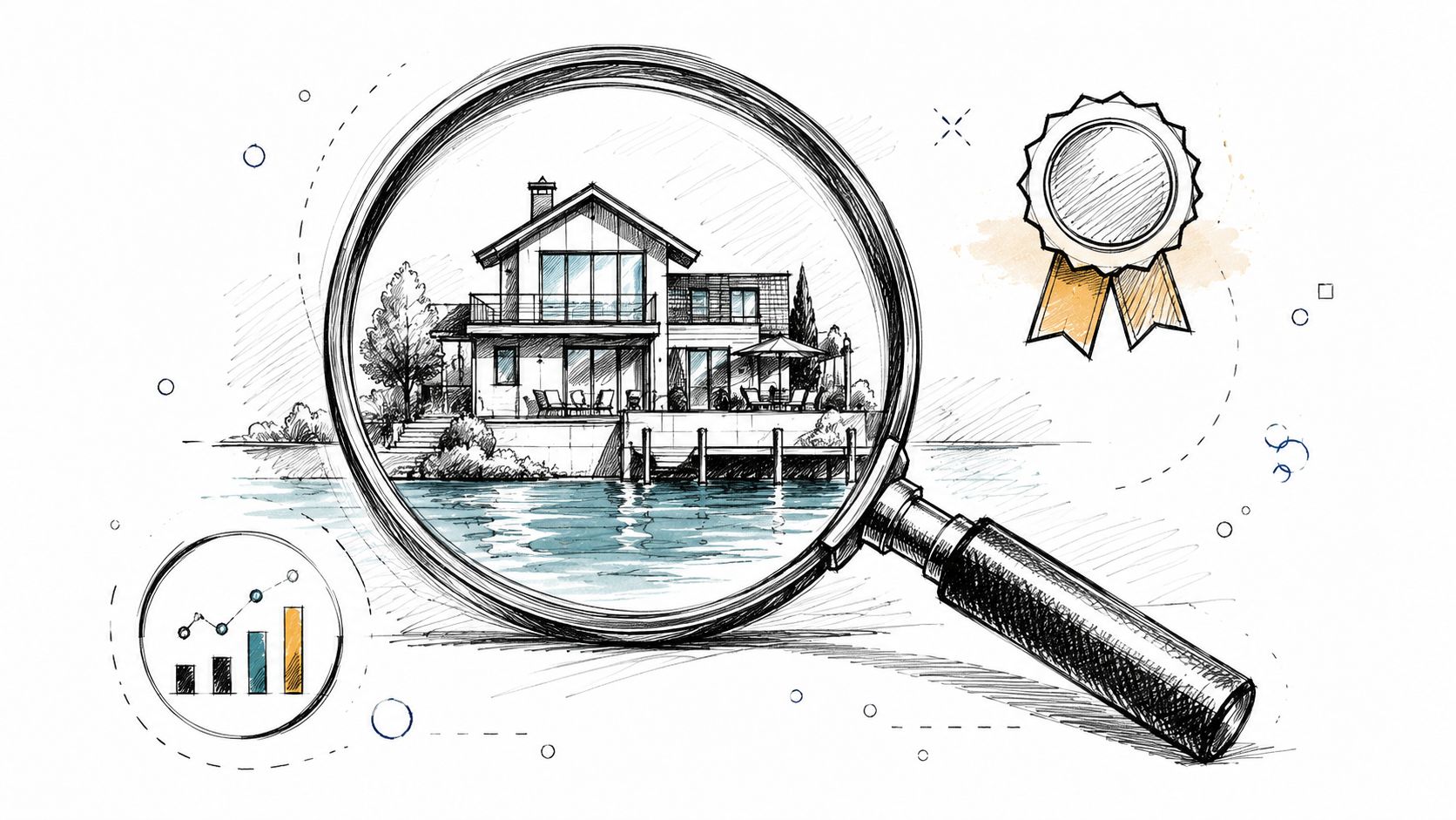 A hand-drawn illustration showing a house viewed through a magnifying glass with a badge and charts.